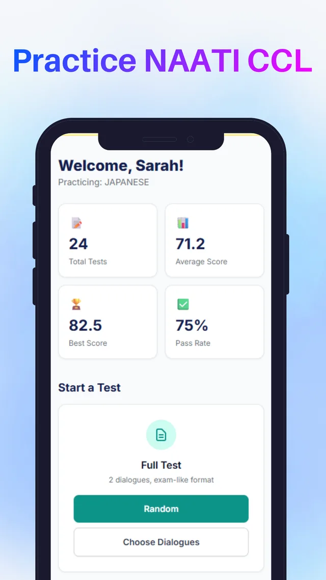 Lingo Copilot CCL dashboard showing 24 total tests, a 71.2 average score, an 82.5 best score and a 75 percent pass rate, with options to start a full test