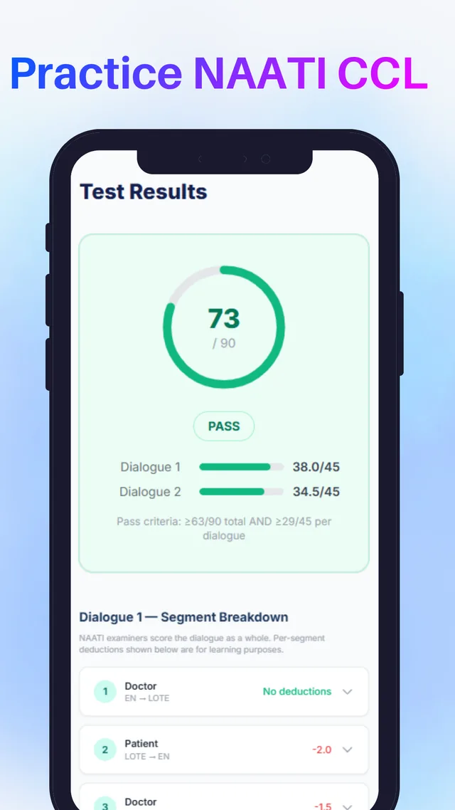 Lingo Copilot CCL test results showing 73 out of 90 with a PASS badge, per-dialogue scores of 38.0 and 34.5 out of 45, and a per-segment deduction breakdown