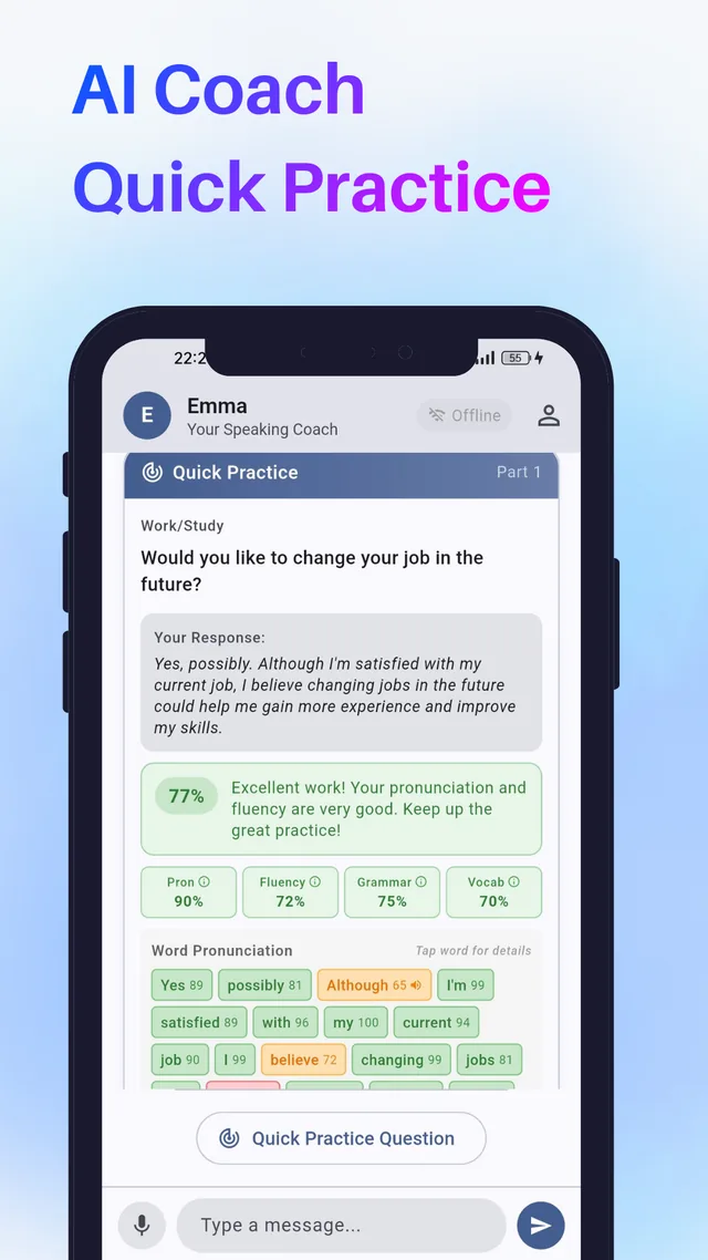 Lingo Copilot Speaking feedback screen showing an overall 77 percent with pronunciation 90, fluency 72, grammar 75 and vocabulary 70, plus word-by-word pronunciation scores