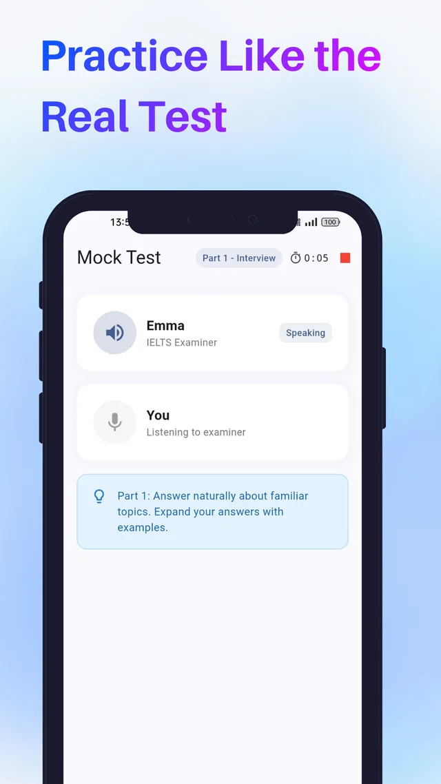Lingo Copilot Speaking mock test in progress, Part 1 Interview, showing the AI examiner Emma speaking and a running timer