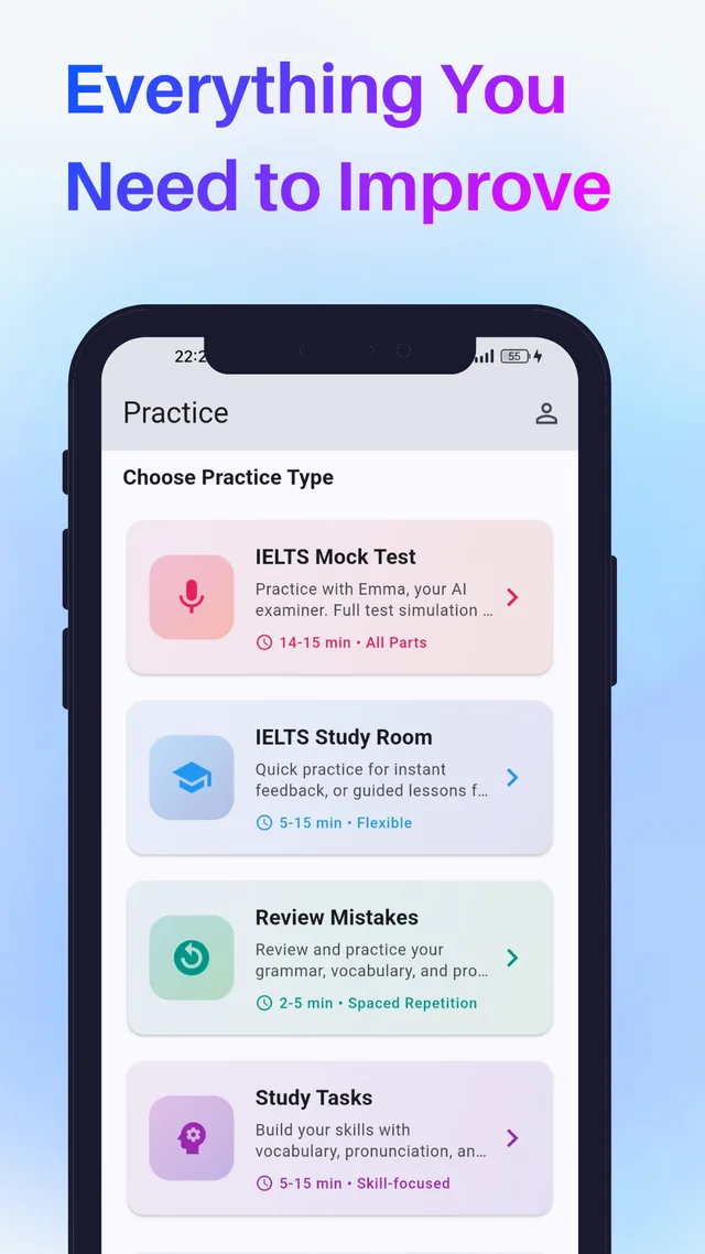 Lingo Copilot Speaking practice menu showing IELTS Mock Test, IELTS Study Room, Review Mistakes and Study Tasks options with estimated durations